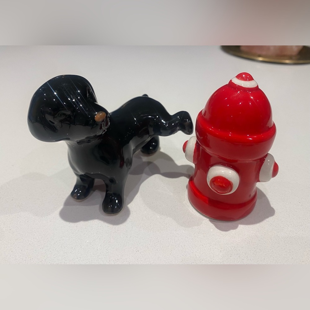 VINTAGE collectable Pier 1 Black Dog and red fire hydrant salt & pepper shakers